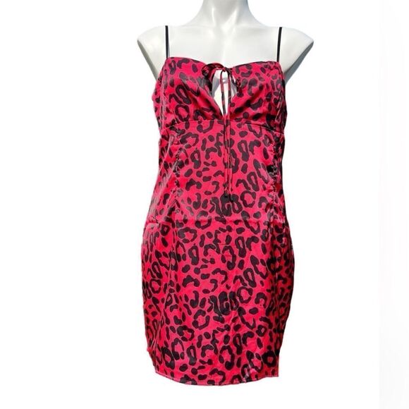 Lulu’s Red Leopard Print Satin Slip Mini Dress New With Tag Size Large - Picture 1 of 13
